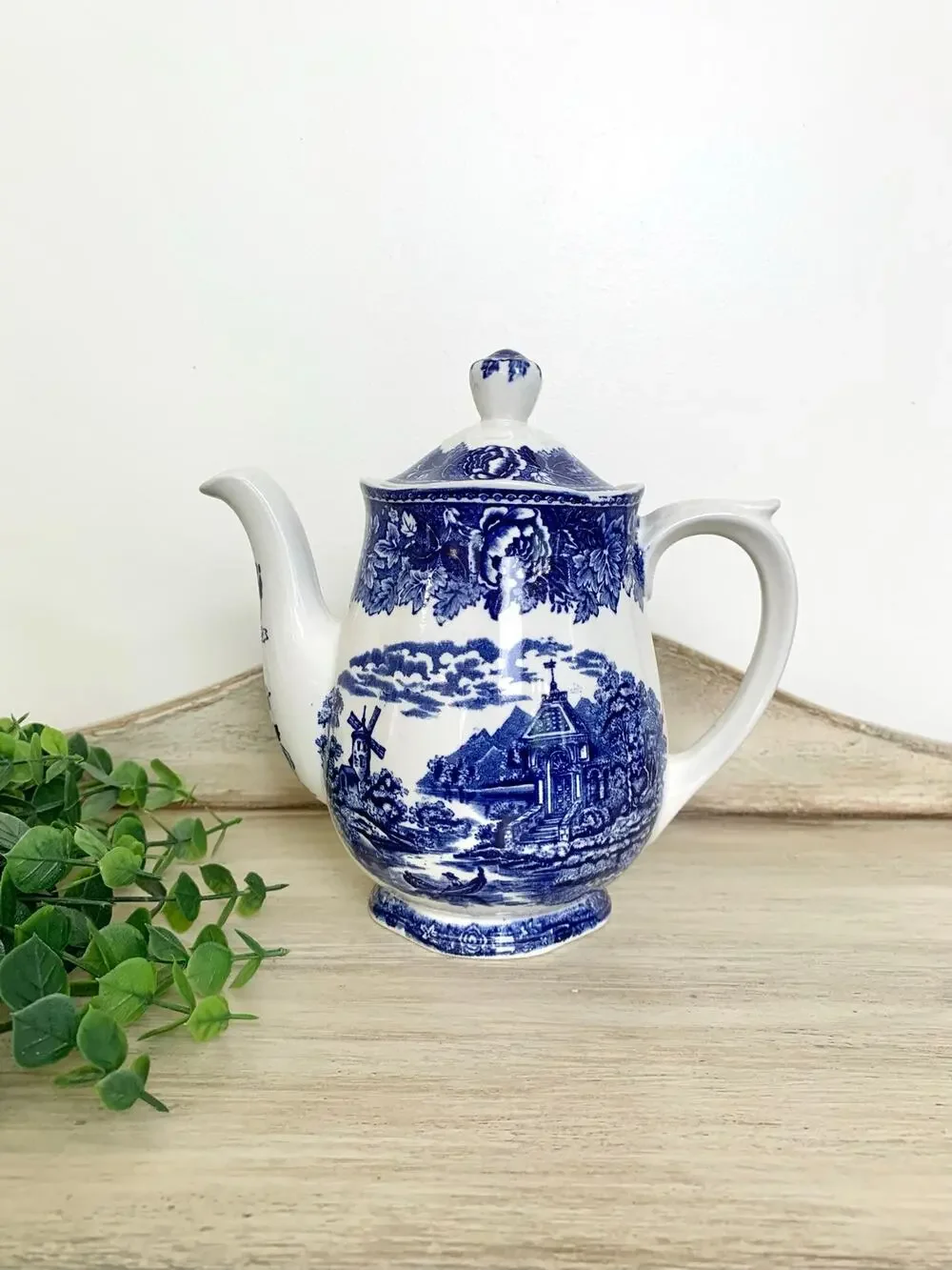 Vintage Arabia Finland Teapot Blue White Transferware Landscape Cottagecore
